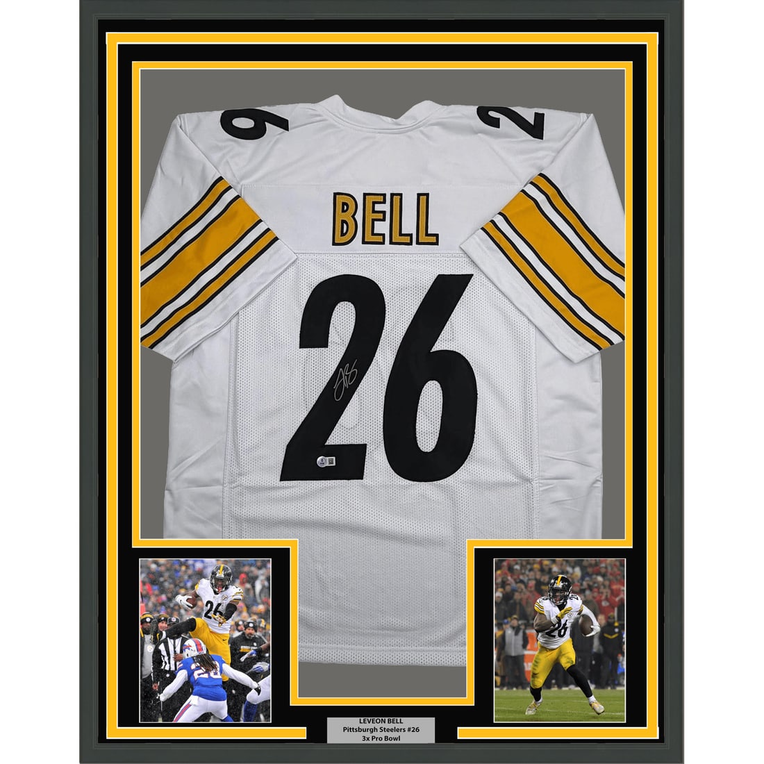 35x39 Framed Le'Veon Bell Signed Steelers White Jersey Beckett COA: 35x39 Framed Le'Veon Bell Signed Steelers White Jersey Beckett COA Professionally framed autographed Pittsburgh Steelers white jersey signed by Le'Veon Bell. This original football memorabilia piece i