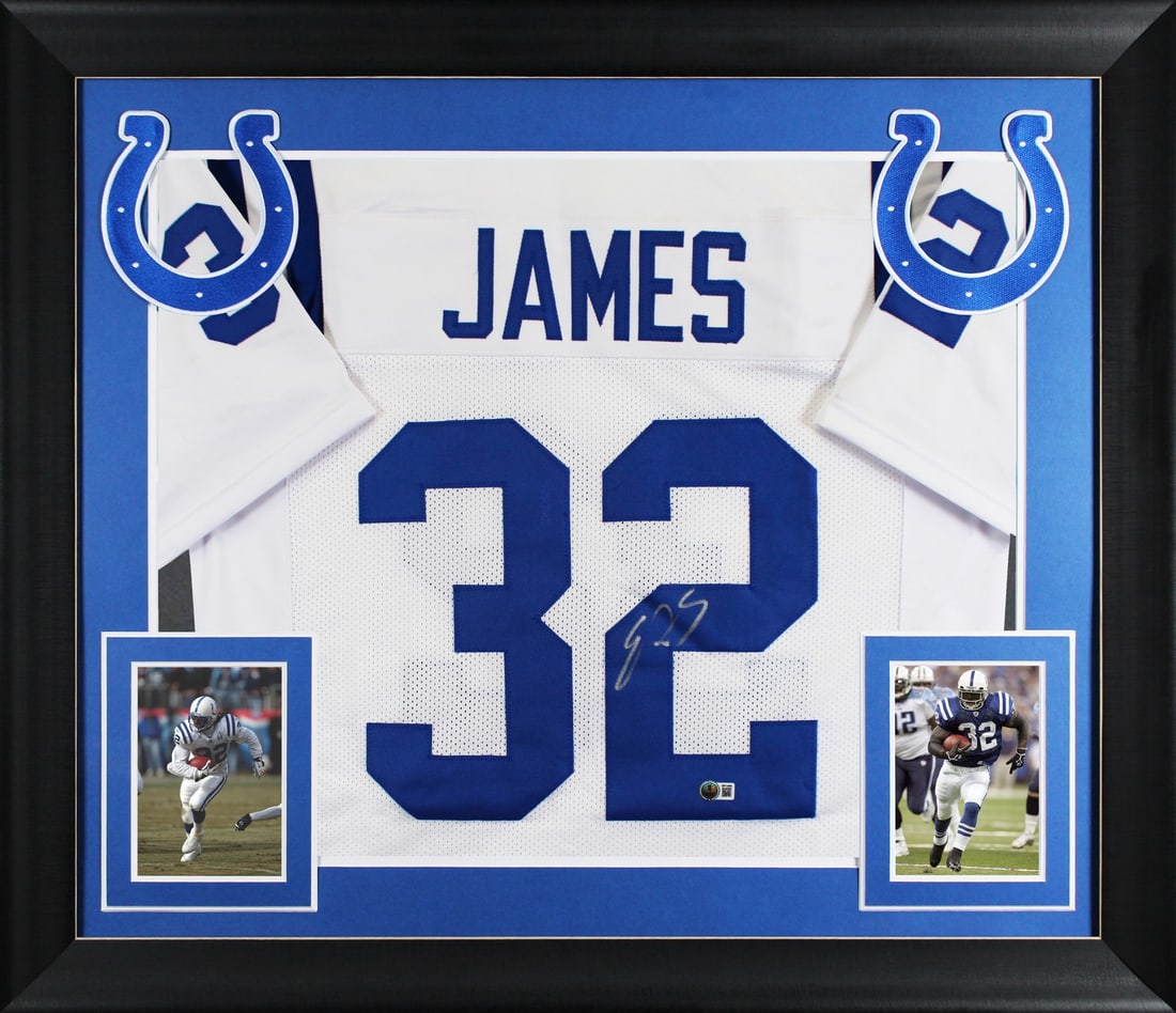 Framed White Pro Style Jersey Signed by Edgerrin James Beckett Witnessed: Framed White Pro Style Jersey Signed by Edgerrin James Beckett Witnessed This is an original autographed white pro style framed jersey personally signed by Edgerrin James of the Indianapolis Colts. It