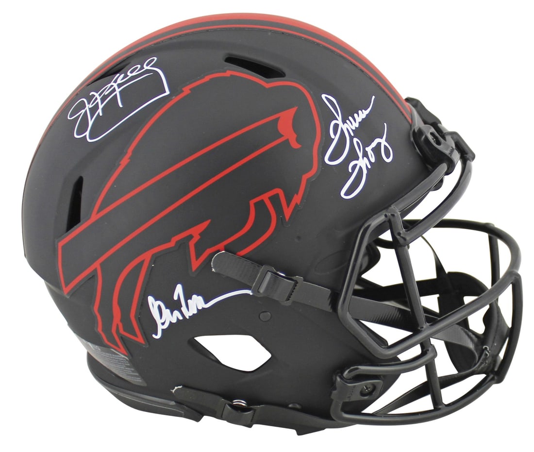 Buffalo Bills Signed Eclipse Helmet by Kelly Thomas Reed JSA: Buffalo Bills Signed Eclipse Helmet by Kelly Thomas Reed JSA This full-size speed replica helmet features the iconic alternate eclipse design and is personally signed by three legendary players from t