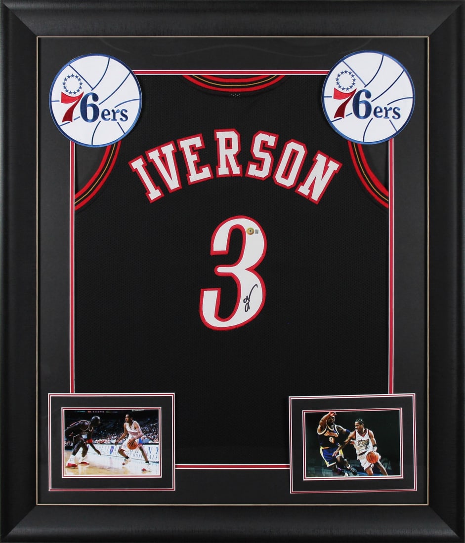 Framed Allen Iverson Signed Black Jersey BAS Witness Philadelphia 76ers: Framed Allen Iverson Signed Black Jersey BAS Witness Philadelphia 76ers This professionally framed black pro style jersey has been personally signed by Allen Iverson of the Philadelphia 76ers. The aut