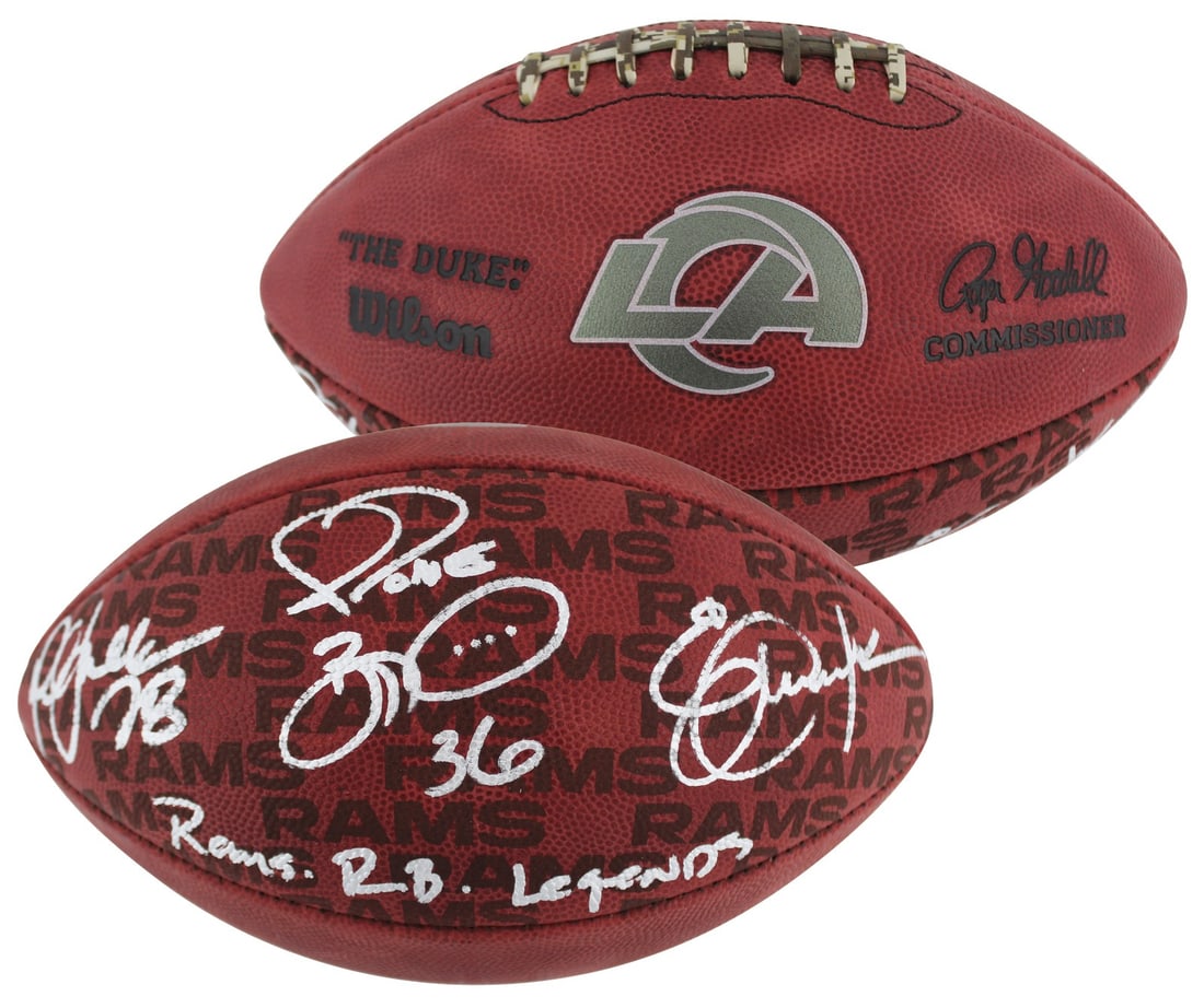 Los Angeles Rams Autographed NFL Football Bettis Dickerson Faulk BAS Witnessed: Los Angeles Rams Autographed NFL Football Bettis Dickerson Faulk BAS Witnessed This Official Wilson "The Duke" Team Showcase NFL Football is a must-have for any Los Angeles Rams fan. Personally signed