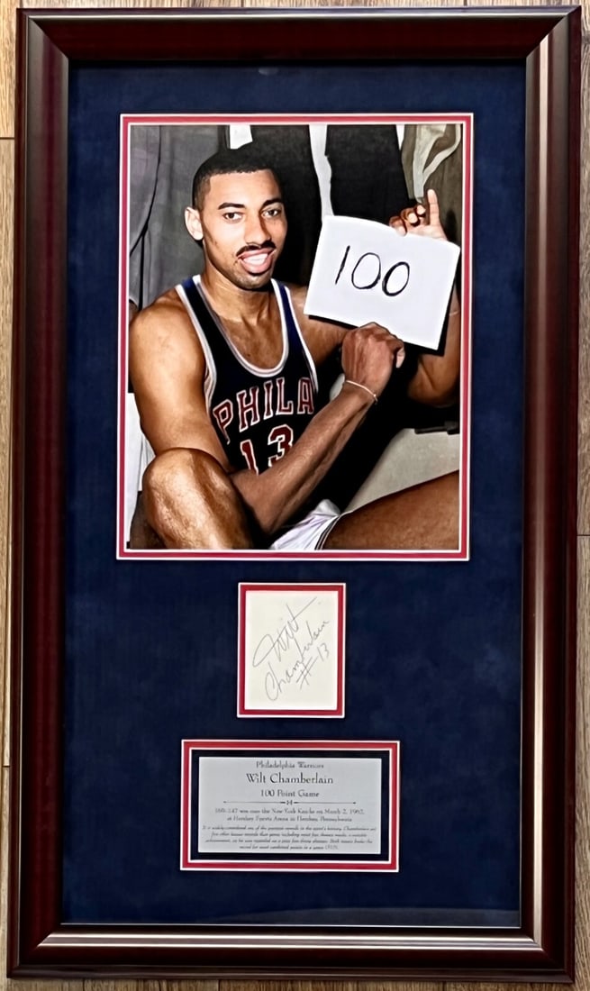 Wilt Chamberlain Signed Cut Signature Custom Framed Display JSA: Wilt Chamberlain Signed Cut Signature Custom Framed Display JSA This stunning custom framed display features a cut signature of NBA Hall of Famer Wilt Chamberlain, who passed away in 1999. The display