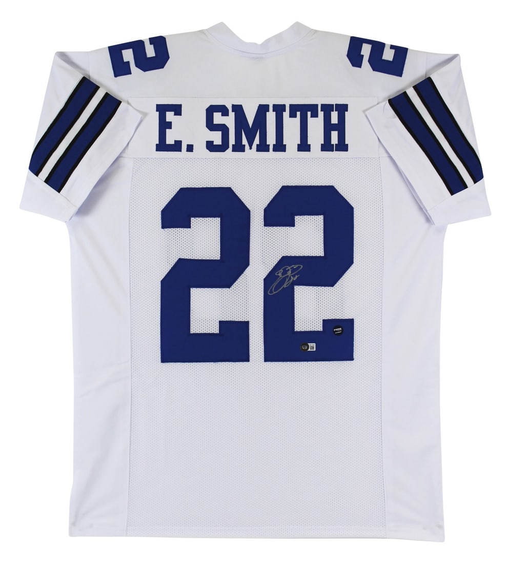 Emmitt Smith Autographed White Pro Style Jersey Dallas Cowboys BAS Witnessed: Emmitt Smith Autographed White Pro Style Jersey Dallas Cowboys BAS Witnessed This officially licensed Emmitt Smith white pro style jersey is personally autographed by the legendary Dallas Cowboys