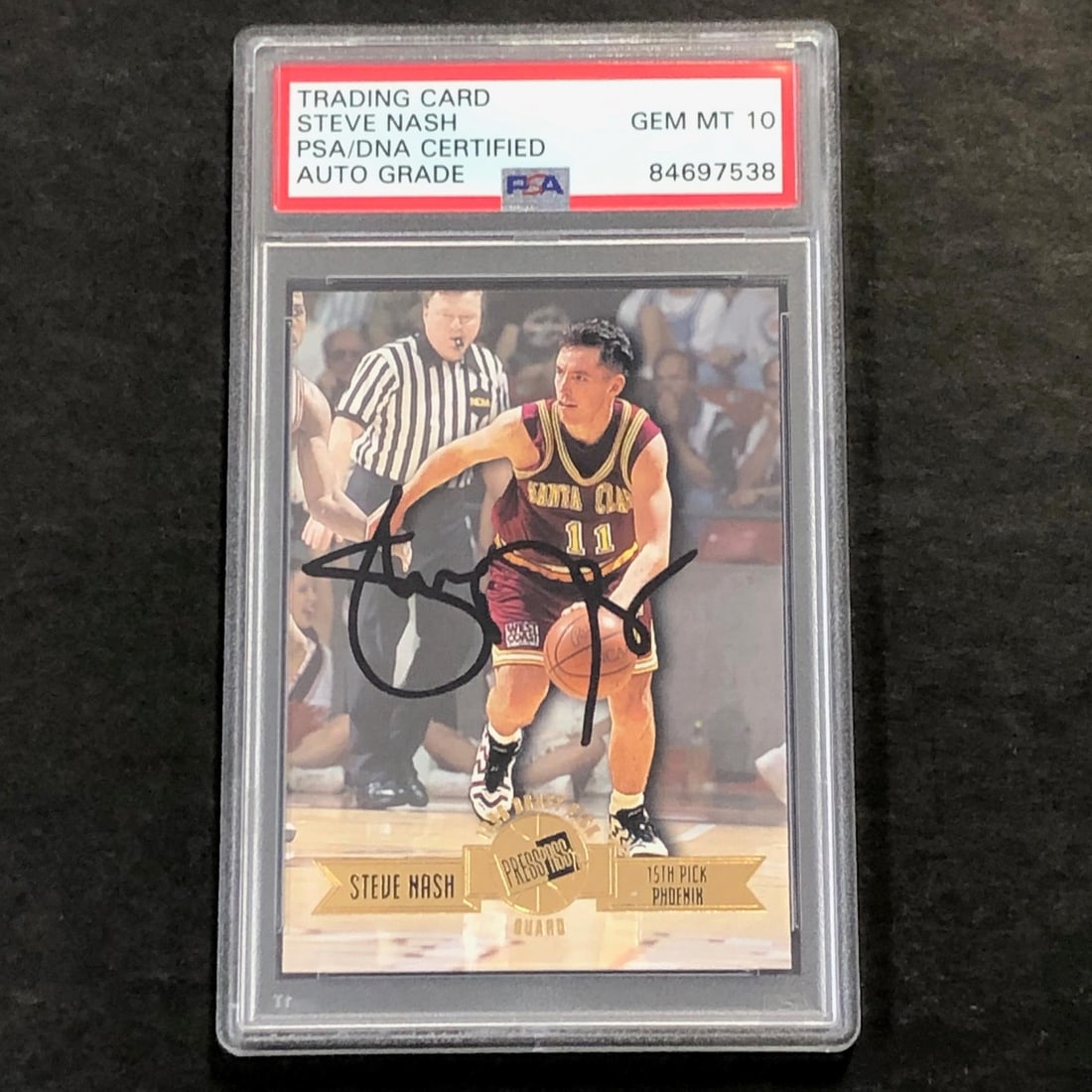 Steve Nash PSA Autographed 1996 Press Pass Card #14: Steve Nash PSA Autographed 1996 Press Pass Card #14 This is a 1996 Press Pass #14 sports trading card featuring Steve Nash, who played for the Phoenix Suns and Santa Clara Broncos. The standard-sized 