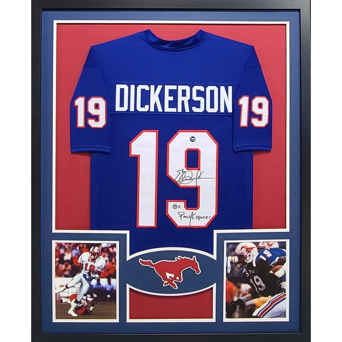 Framed Eric Dickerson SMU Jersey Signed with Beckett Authentication: Framed Eric Dickerson SMU Jersey Signed with Beckett Authentication This framed jersey is autographed by Eric Dickerson and features authentication by Beckett, including a Beckett tamper-proof sticker