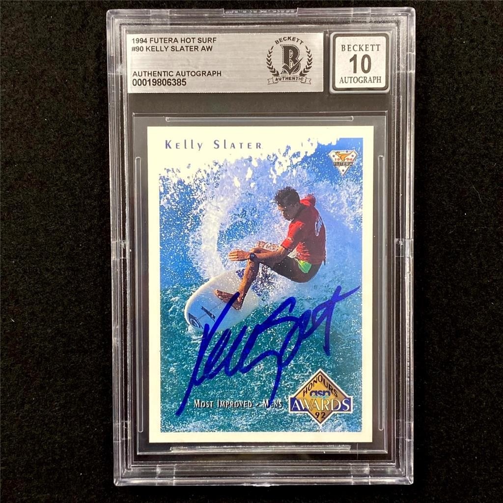 Kelly Slater 1994 Futera Hot Surf autograph BAS trading card: Kelly Slater 1994 Futera Hot Surf autograph BAS trading card This is an original 1994 Futera Hot Surf #90 sports trading card featuring Kelly Slater. The card is hard signed by Kelly Slater and the au