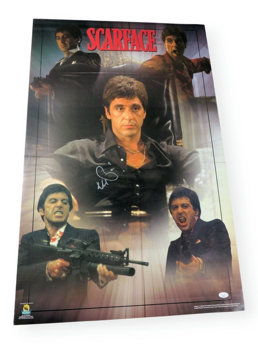 24X36 Scarface Collage Poster Signed by Al Pacino JSA: 24X36 Scarface Collage Poster Signed by Al Pacino JSA Original Al Pacino autographed poster featuring a Scarface collage. The poster measures 24 x 36 and is signed by Al Pacino. It is an original piec