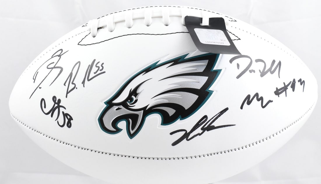 Philadelphia Eagles autographed football by Jalen Carter Milton Williams and others Beckett hologram: Philadelphia Eagles autographed football by Jalen Carter Milton Williams and others Beckett hologram This Philadelphia Eagles logo football features multiple autographs from team members, including Ja
