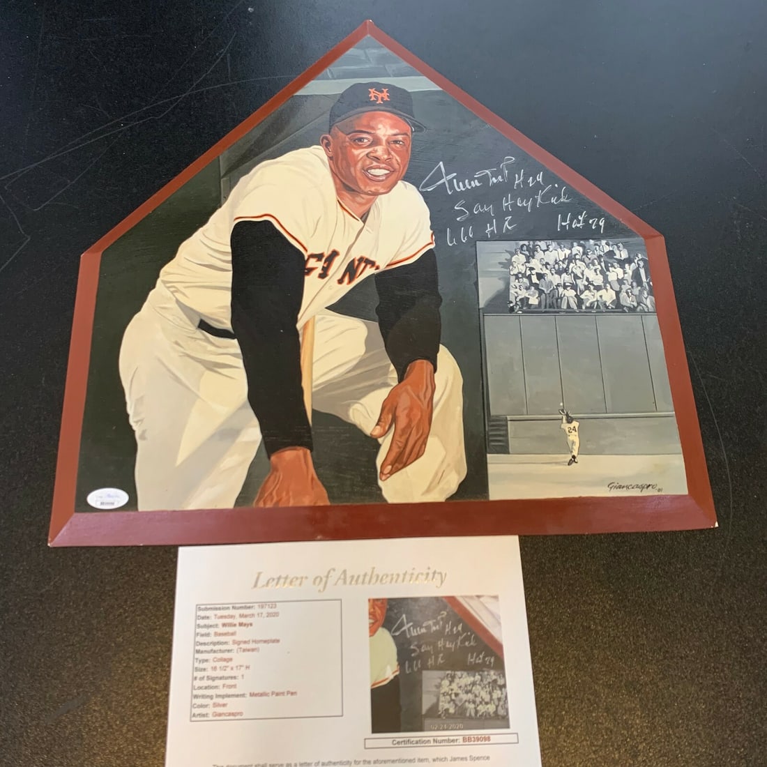 Willie Mays Signed Hand Painted Home Plate with JSA COA: Willie Mays Signed Hand Painted Home Plate with JSA COA This stunning piece of baseball memorabilia features a beautifully hand-painted home plate showcasing original artwork of legendary player Willi