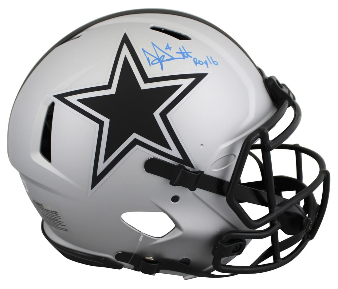 Dak Prescott Signed Dallas Cowboys F/S Speed Proline Helmet ROY 16 BAS Certified: Dak Prescott Signed Dallas Cowboys F/S Speed Proline Helmet ROY 16 BAS Certified Celebrate Dak Prescott's incredible journey with this autographed authentic full-size Speed Proline helmet, featuring t