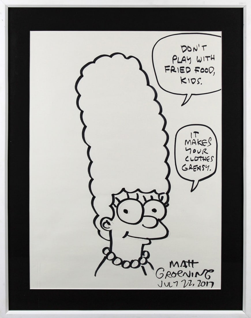 Matt Groening Signed Framed Marge Simpson Sketch with COA: Matt Groening Signed Framed Marge Simpson Sketch with COA This is an original, hand-drawn sketch of Marge Simpson by Matt Groening, measuring 18x22 inches. The sketch features the humorous inscription
