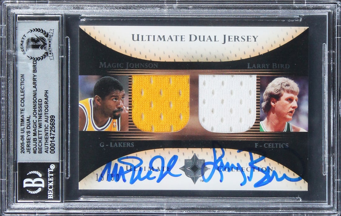 Dual Signed Ultimate Patches Card Magic Johnson Larry Bird BAS Authenticated: Dual Signed Ultimate Patches Card Magic Johnson Larry Bird BAS Authenticated This is a 2005 Ultimate Collection Patches Dual #DPJB card, numbered 15 out of 50, personally signed by Magic Johnson and L