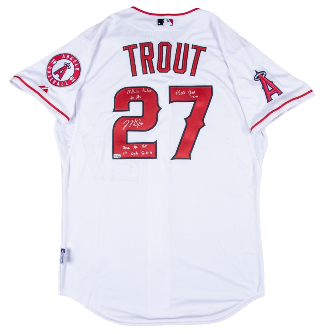 Mike Trout Autographed Los Angeles Angels Jersey With Multiple Inscriptions MLB Auth: Mike Trout Autographed Los Angeles Angels Jersey With Multiple Inscriptions MLB Auth This Los Angeles Angels home jersey is signed and heavily inscribed by MLB superstar Mike Trout. The white mesh jer