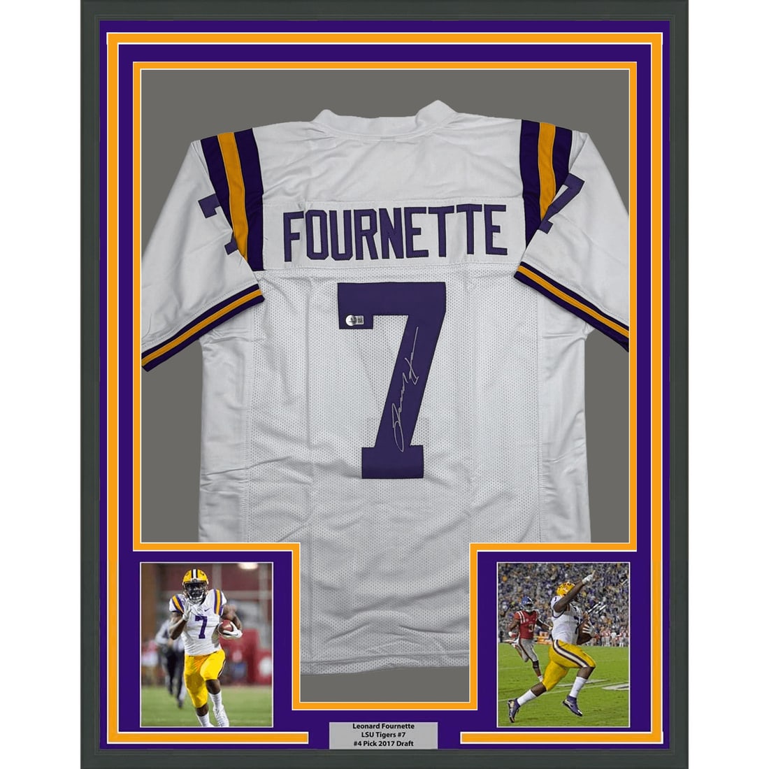 Framed Leonard Fournette LSU autographed jersey BAS COA 35x39: Framed Leonard Fournette LSU autographed jersey BAS COA 35x39 This professionally framed and matted LSU Tigers jersey features the authentic signature of Leonard Fournette. The jersey is presented in 