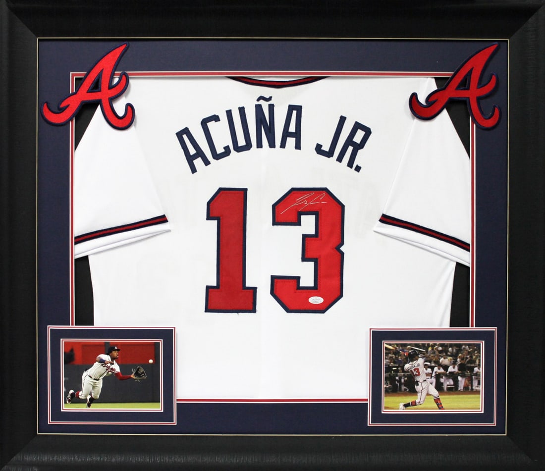 Ronald Acuna Jr. Signed Framed Jersey JSA COA Atlanta Braves: Ronald Acuna Jr. Signed Framed Jersey JSA COA Atlanta Braves This authentic, custom-stitched white pro style framed jersey features the signature of Ronald Acuna Jr., the star player from the Atlanta 
