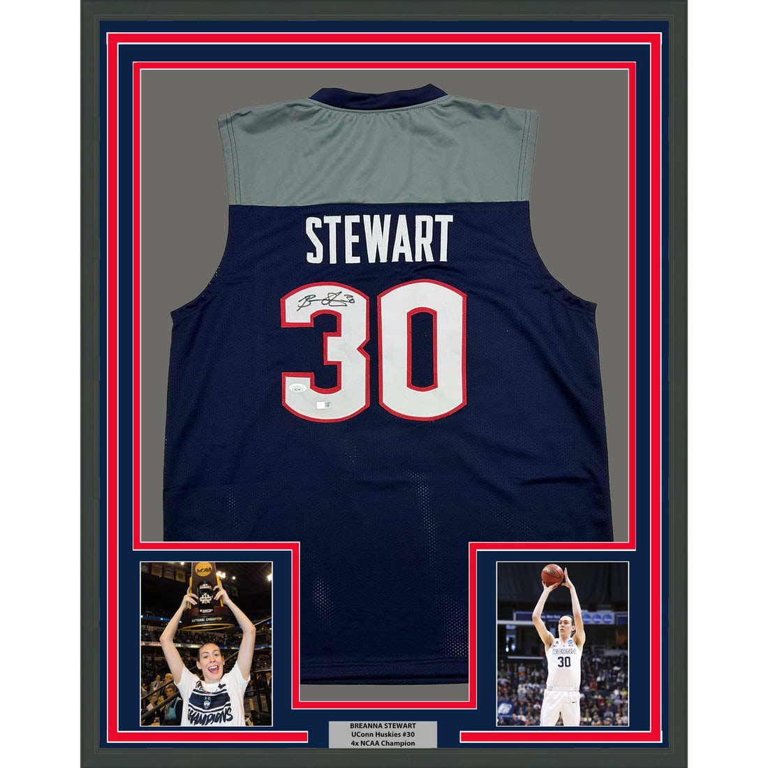 Framed Breanna Stewart Autographed UConn Jersey with JSA COA: Framed Breanna Stewart Autographed UConn Jersey with JSA COA Showcase your love for college basketball with this stunning framed autographed Breanna Stewart jersey. Measuring 35x39 inches, this UConn 