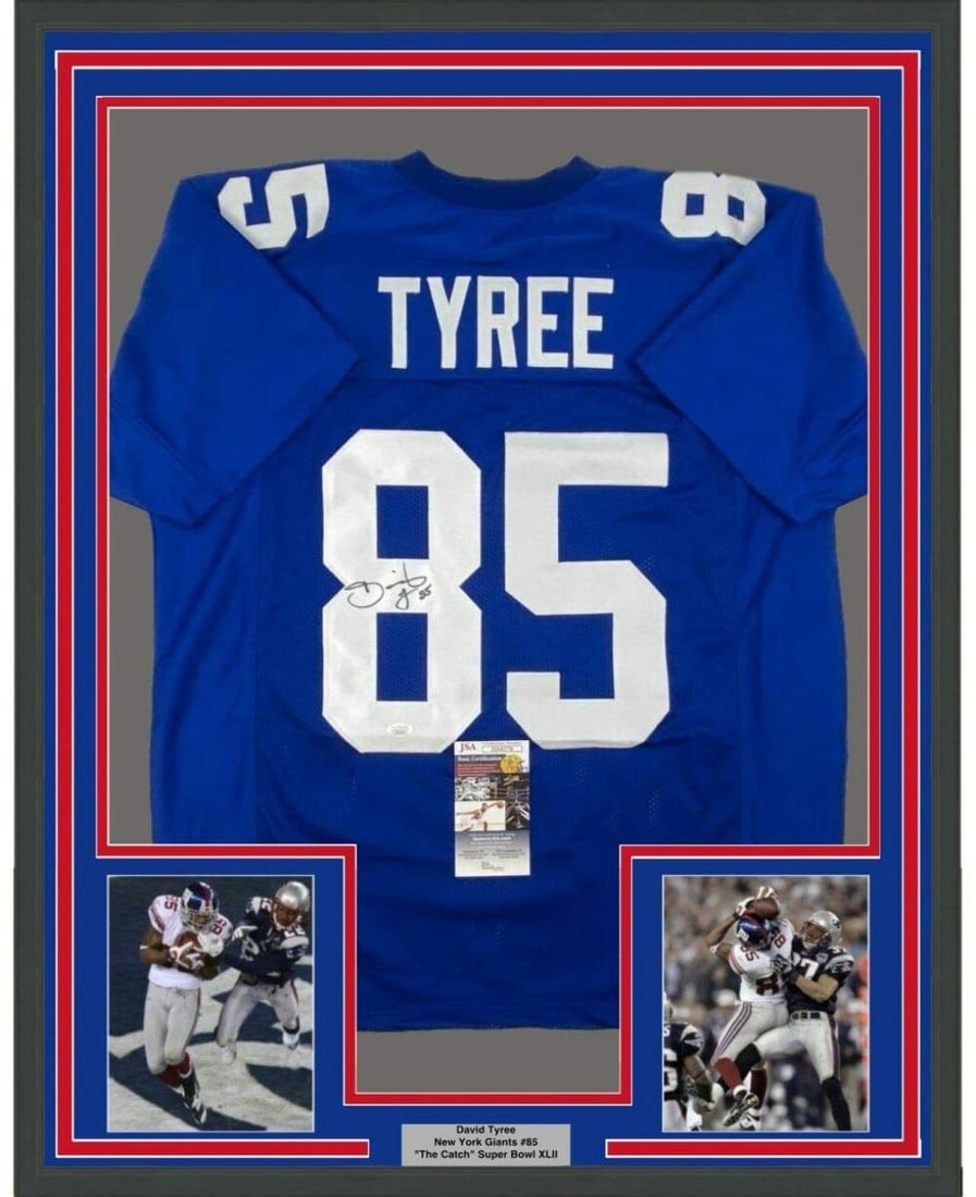 Framed David Tyree Autographed Jersey with JSA COA 33x42: Framed David Tyree Autographed Jersey with JSA COA 33x42 Showcase your passion for football with this professionally framed autographed jersey of David Tyree, a standout player for the New York Giants