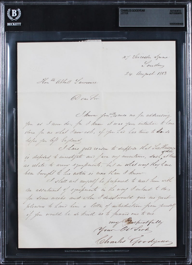 1863 Charles Goodyear autograph handwritten letter 7.5x9.75 Beckett slabbed: 1863 Charles Goodyear autograph handwritten letter 7.5x9.75 Beckett slabbed Original handwritten one-page letter dated August 24, 1863, personally signed by Charles Goodyear. The letter is addressed t