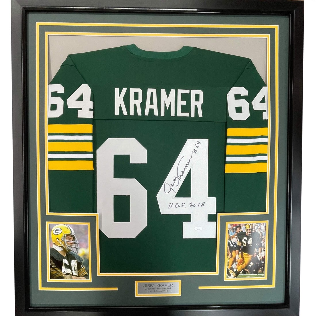 Framed Jerry Kramer signed Packers jersey JSA COA 33x42: Framed Jerry Kramer signed Packers jersey JSA COA 33x42 This is a professionally framed and matted Green Bay Packers jersey autographed by Jerry Kramer, Hall of Famer. The display includes two 8x10 ph