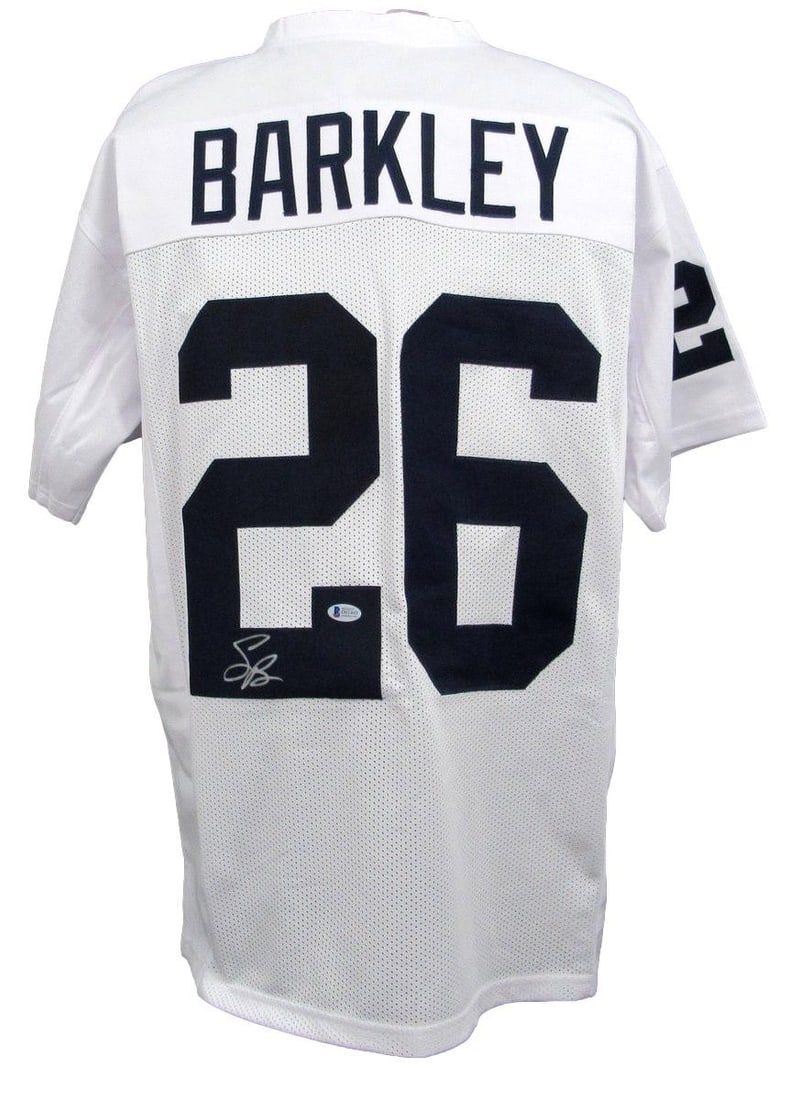 Saquon Barkley Signed White Custom Football Jersey Penn State BAS Authenticated: Saquon Barkley Signed White Custom Football Jersey Penn State BAS Authenticated This is an original Saquon Barkley signed white custom football jersey from Penn State, featuring an XL size. The jersey