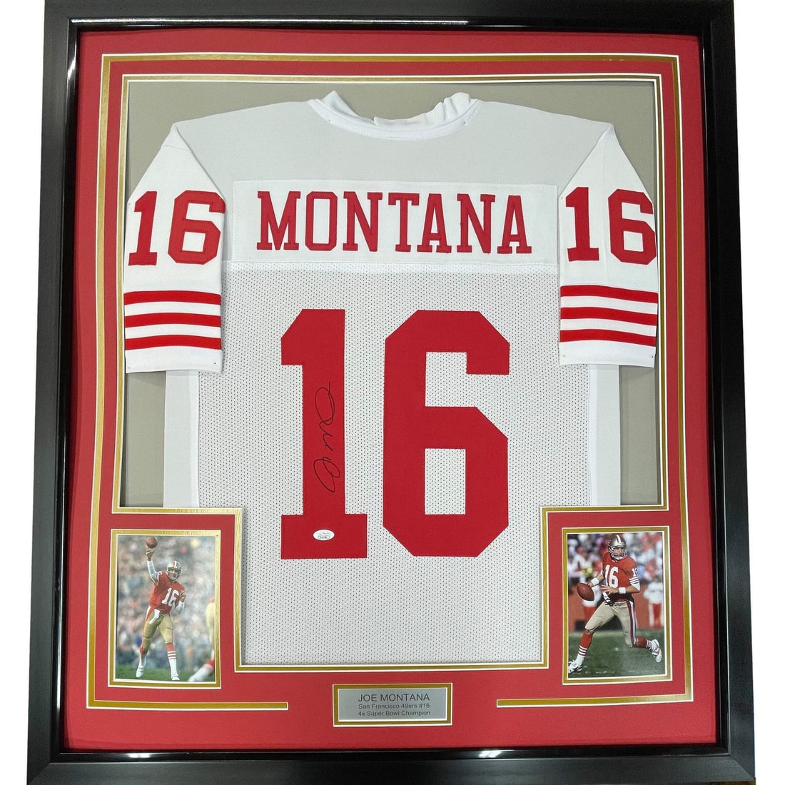 Framed Autographed Joe Montana San Francisco 49ers Jersey with JSA COA 33x42: Framed Autographed Joe Montana San Francisco 49ers Jersey with JSA COA 33x42 Celebrate the legendary career of Joe Montana with this professionally framed and autographed San Francisco 49ers white jer