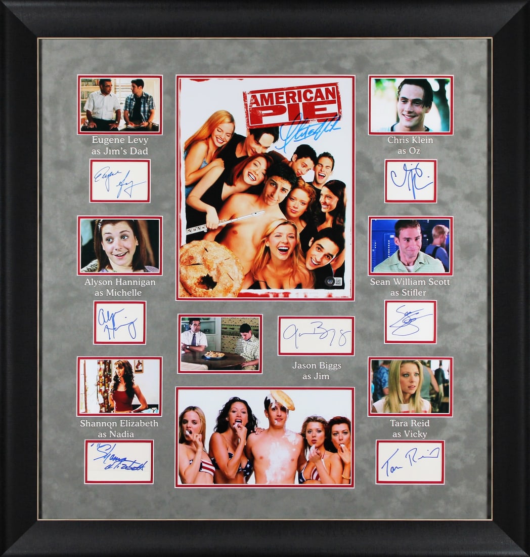 American Pie Signed Framed Display with 7 Autographs Beckett Authenticated 32.5 x 34.5: American Pie Signed Framed Display with 7 Autographs Beckett Authenticated 32.5 x 34.5 This impressive autographed framed display features signatures from the cast members of the iconic film "American