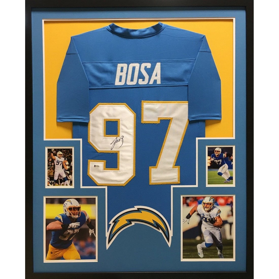 Framed Los Angeles Chargers Jersey Signed by Joey Bosa Beckett Authenticated: Framed Los Angeles Chargers Jersey Signed by Joey Bosa Beckett Authenticated This framed jersey features the authentic autograph of Joey Bosa from the Los Angeles Chargers. The jersey is professionall