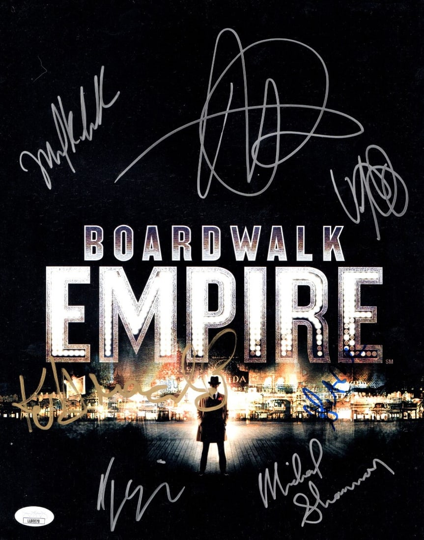 Boardwalk Empire Cast Autographed 11X14 Photo JSA Certified: Boardwalk Empire Cast Autographed 11X14 Photo JSA Certified This stunning 11x14 photograph features the autographs of the cast from the acclaimed HBO series "Boardwalk Empire." The piece is authentica