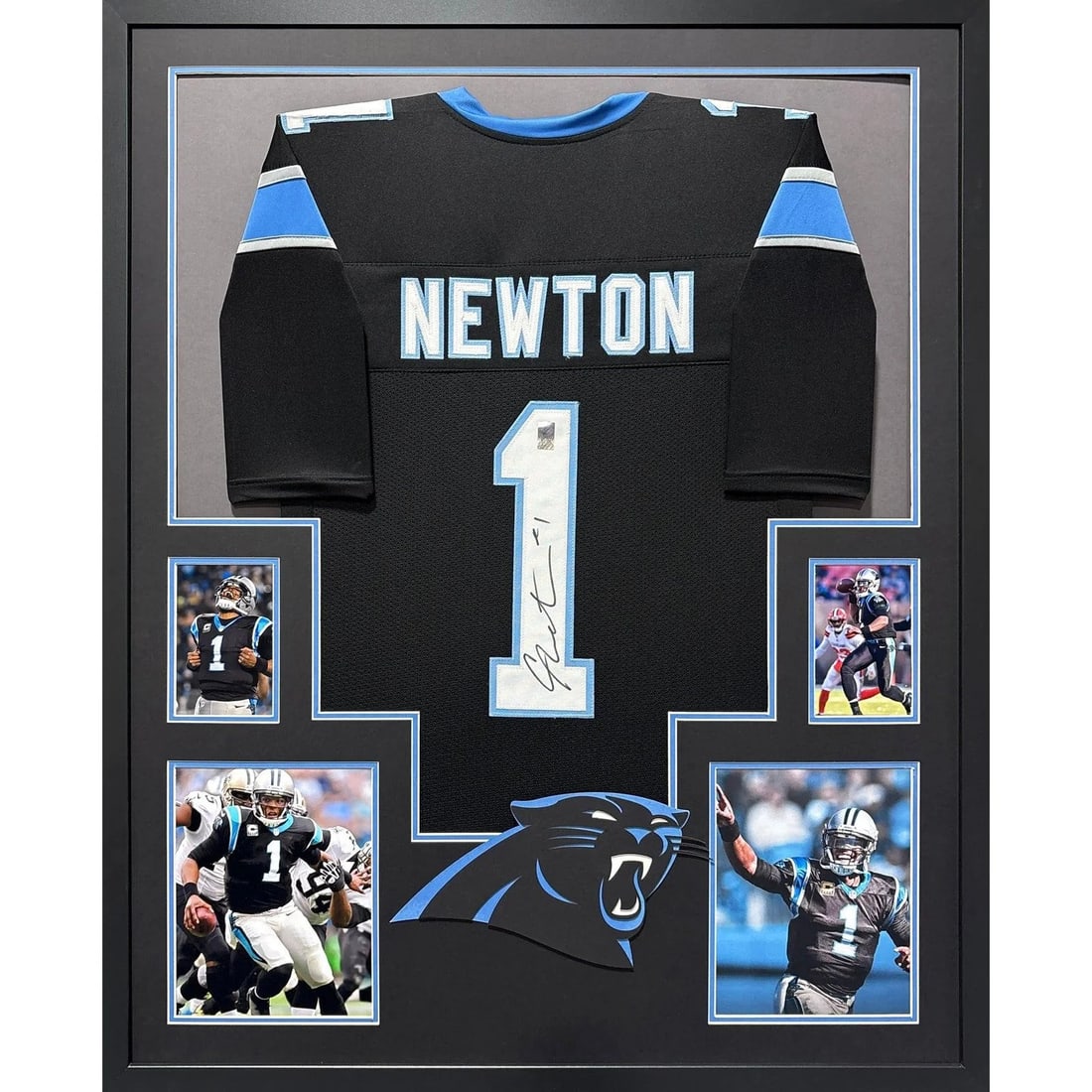 Framed Cam Newton Autographed Carolina Panthers Jersey GTSM COA: Framed Cam Newton Autographed Carolina Panthers Jersey GTSM COA This is a framed Carolina Panthers jersey autographed by Cam Newton. The jersey is authenticated by GTSM and includes a tamper-proof sti