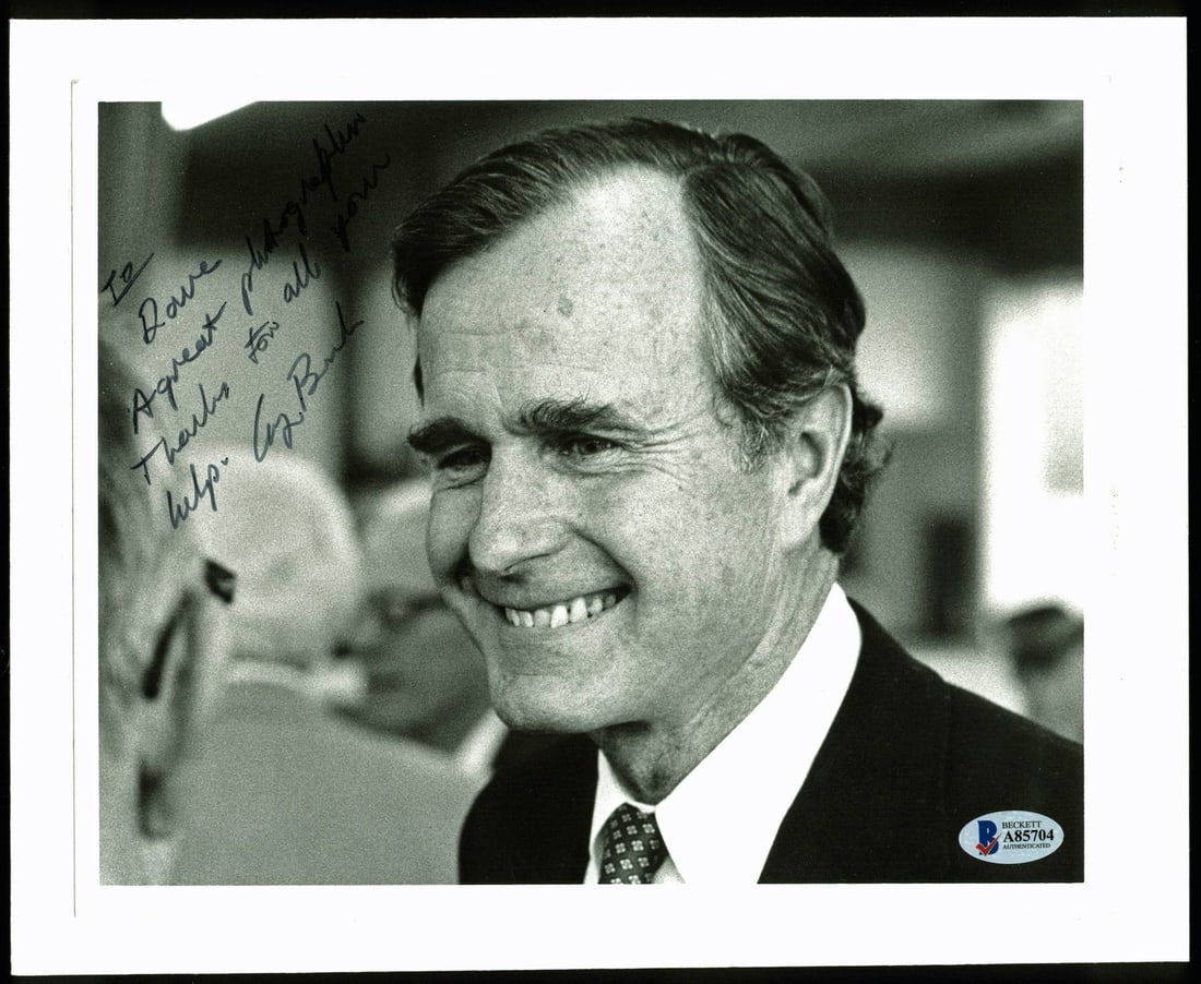 George H.W. Bush signed 8x10 mounted photo BAS authenticated: George H.W. Bush signed 8x10 mounted photo BAS authenticated Autographed and mounted black and white 8x10 photo personally signed by George H.W. Bush. The inscription reads, "To Dave, A Great Photogra
