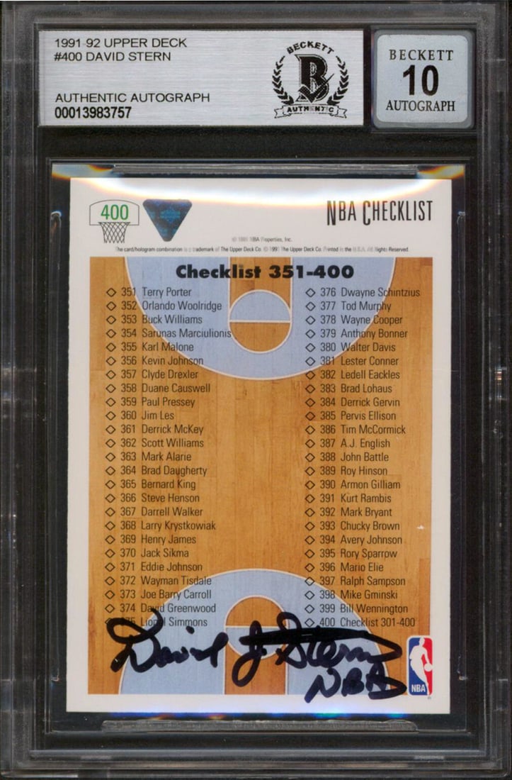 David Stern Autographed 1991 Upper Deck 400 Basketball Card Beckett Mint 10 Slab: David Stern Autographed 1991 Upper Deck 400 Basketball Card Beckett Mint 10 Slab This 1991 Upper Deck #400 basketball card features the autograph of David Stern and has been professionally graded Gem 