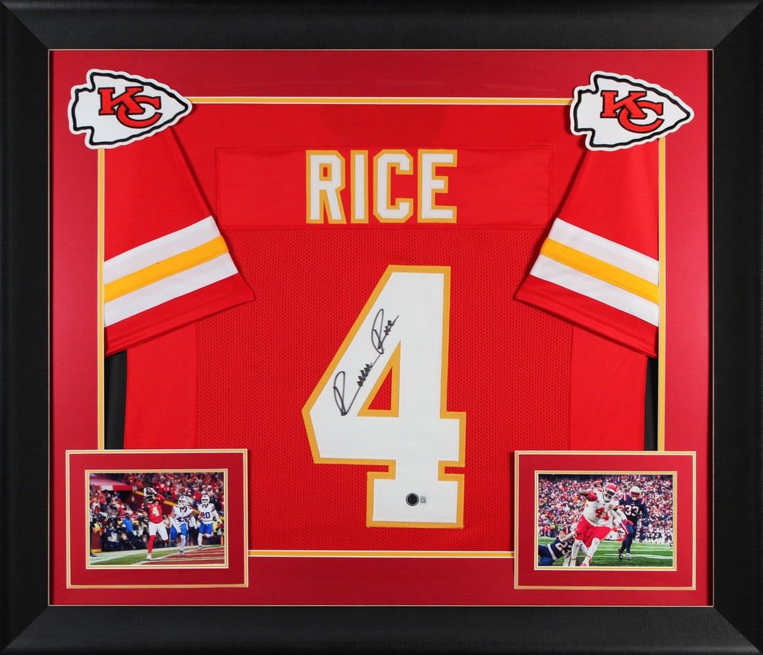 Framed Red Pro Style Jersey Signed by Rashee Rice Beckett Authenticated: Framed Red Pro Style Jersey Signed by Rashee Rice Beckett Authenticated This professionally framed red pro style jersey is personally signed by Rashee Rice of the Kansas City Chiefs. The jersey is a c