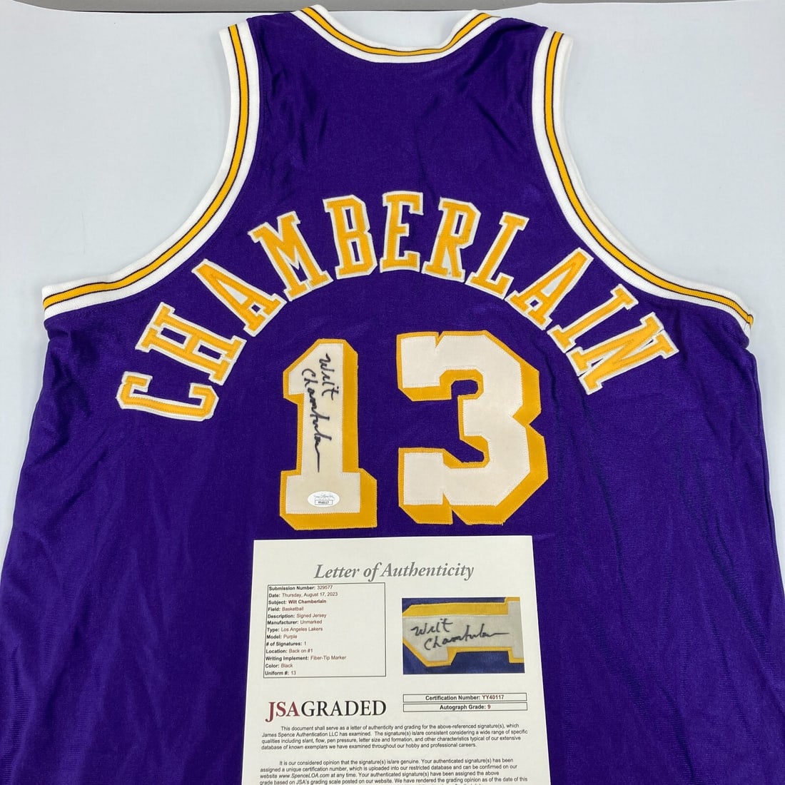 Wilt Chamberlain Signed 1971-72 Lakers Jersey JSA Graded 9: Wilt Chamberlain Signed 1971-72 Lakers Jersey JSA Graded 9 Experience a piece of basketball history with this authentic 1971-72 Los Angeles Lakers jersey, signed by the legendary Wilt Chamberlain. Thi