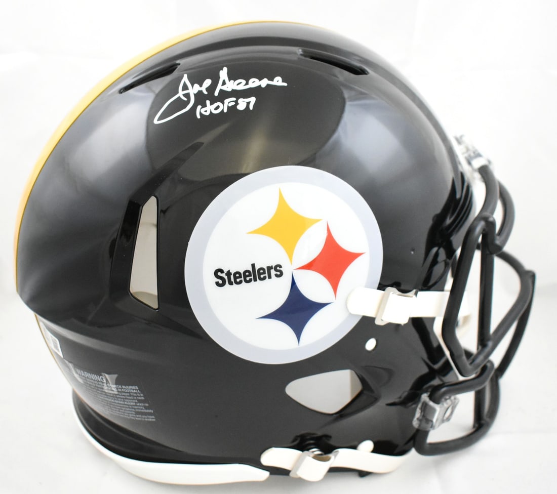 Beckett Holo Joe Greene Signed Steelers Full Size Speed Authentic Helmet HOF: Beckett Holo Joe Greene Signed Steelers Full Size Speed Authentic Helmet HOF Autographed Pittsburgh Steelers full-size speed authentic helmet associated with Joe Greene and noted as HOF. The helmet is