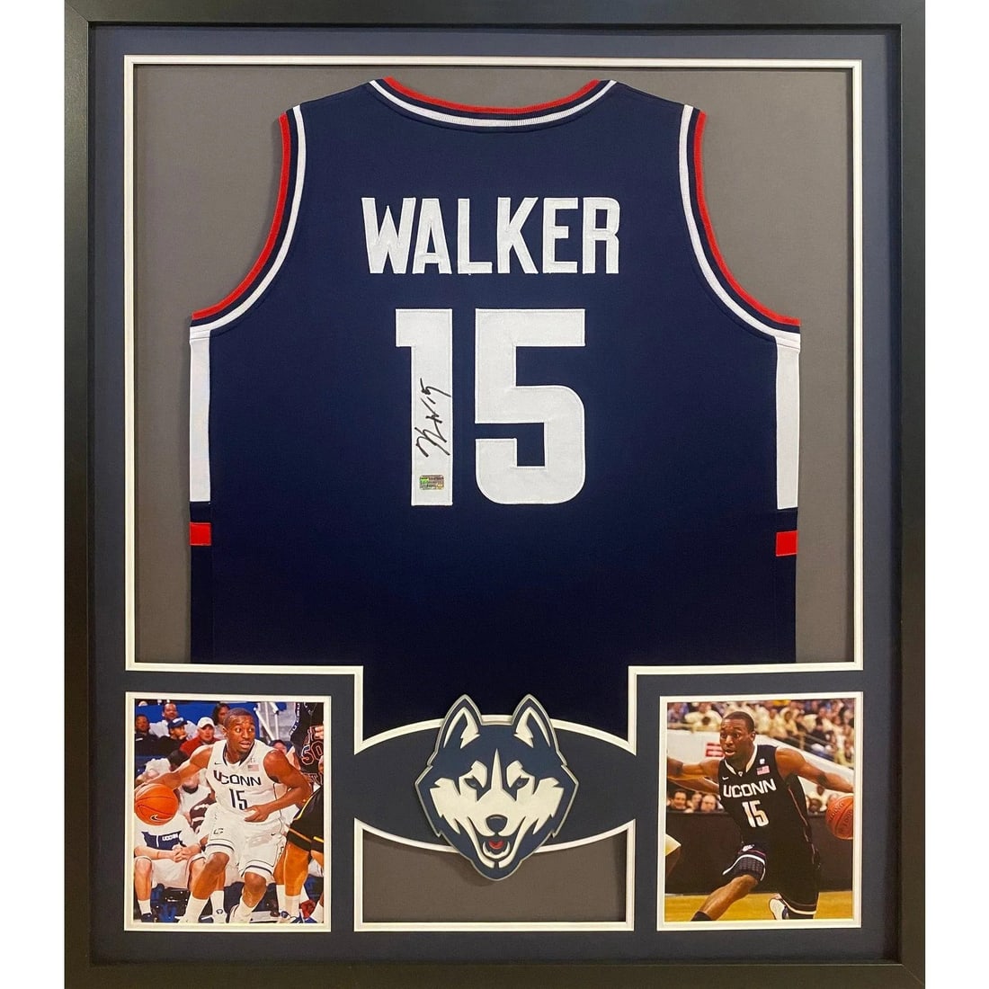 Framed Uconn Jersey Signed by Kemba Walker with JSA Authentication: Framed Uconn Jersey Signed by Kemba Walker with JSA Authentication This framed UConn jersey is hand-signed by Kemba Walker and includes JSA authentication with a tamper-proof sticker for verified auth