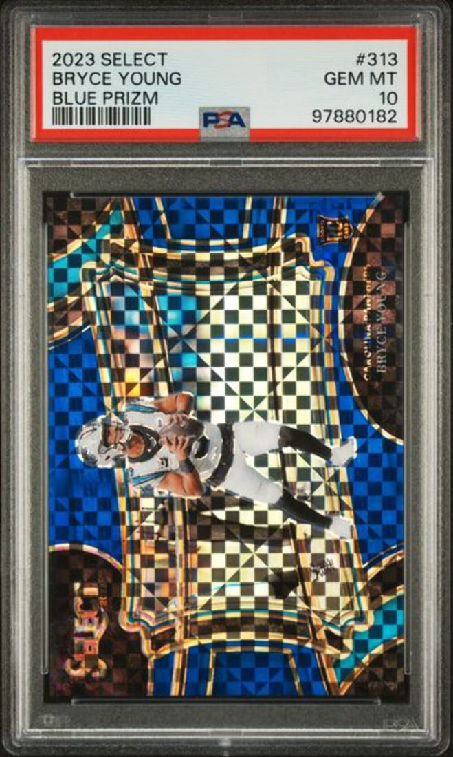 2023 Blue Prizm Bryce Young Rookie Card #313 PSA 10 Serial Numbered /49: 2023 Blue Prizm Bryce Young Rookie Card #313 PSA 10 Serial Numbered /49 This is an original 2023 Panini Select Blue Prizm Rookie RC Card featuring Bryce Young of the Carolina Panthers. The card is num