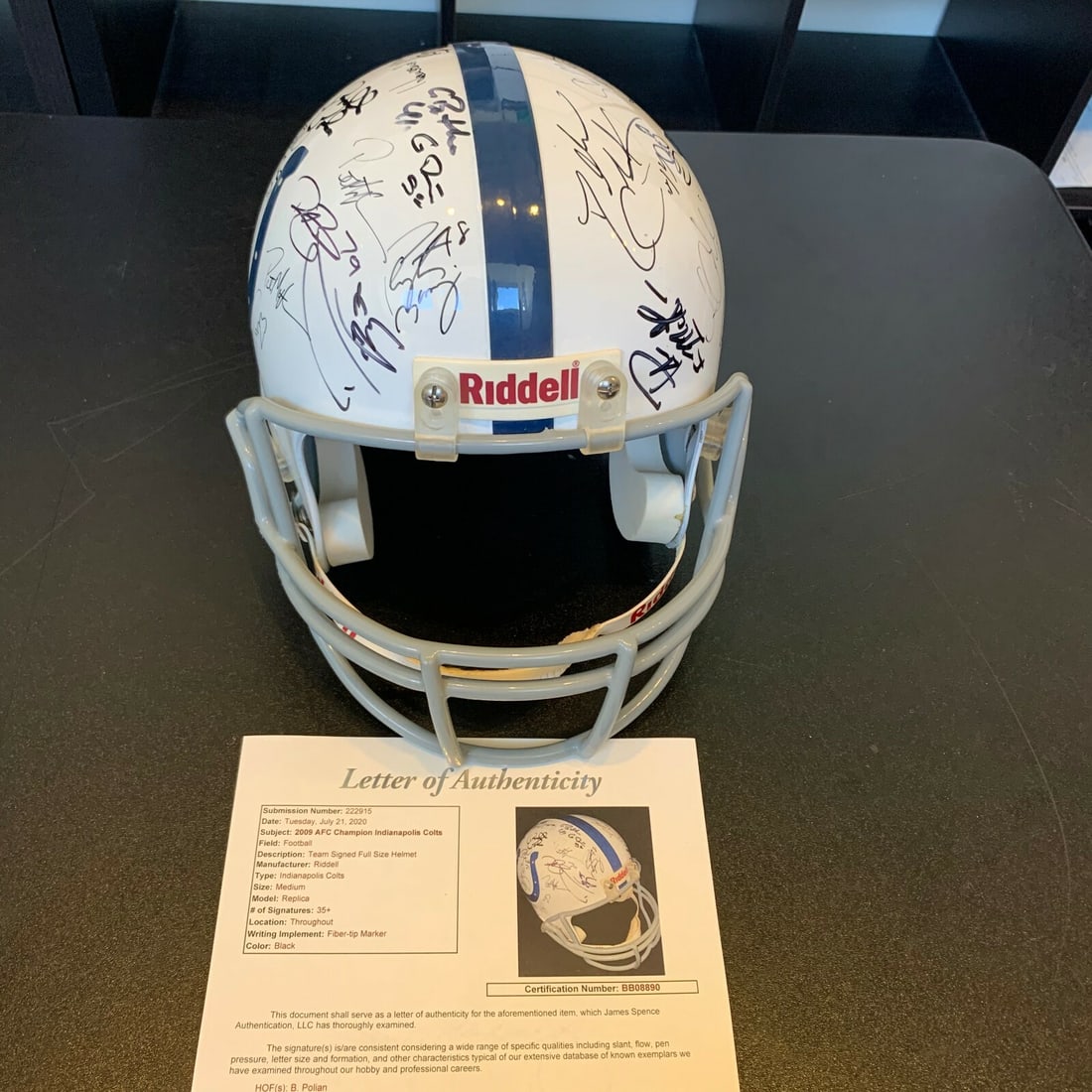 2009 Colts AFC Champs Team Signed Helmet Peyton Manning 23 Signatures JSA COA: 2009 Colts AFC Champs Team Signed Helmet Peyton Manning 23 Signatures JSA COA This is a remarkable 2009 Indianapolis Colts AFC Champs Team Signed Full Size Riddell Helmet, featuring 23 signatures incl