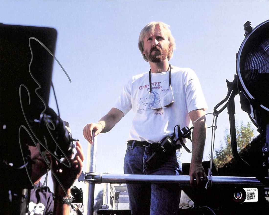 Signed James Cameron 8x10 Behind The Scenes Photo Beckett: Signed James Cameron 8x10 Behind The Scenes Photo Beckett This 8x10 behind-the-scenes color photo features acclaimed director James Cameron on set, highlighting his hands-on approach to filmmaking. Th