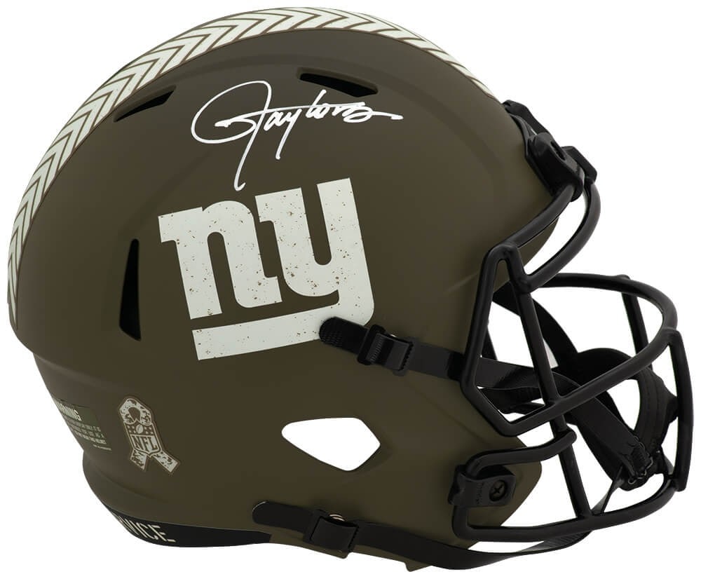 Lawrence Taylor autographed Giants Riddell full size speed replica helmet: Lawrence Taylor autographed Giants Riddell full size speed replica helmet This is a Lawrence Taylor signed New York Giants Salute Riddell full size speed replica helmet. The helmet features the signat
