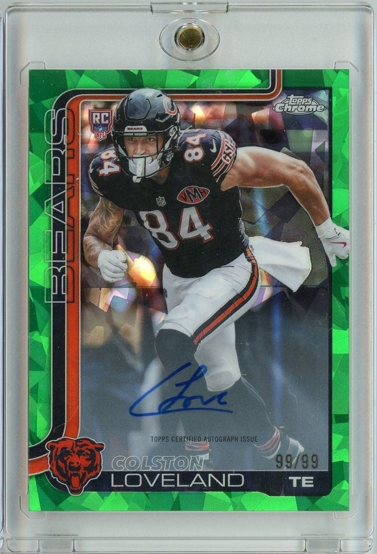 2025 Topps Chrome Colston Loveland Green Geometric Autograph RACL 99/99: 2025 Topps Chrome Colston Loveland Green Geometric Autograph RACL 99/99 2025 Topps Chrome Colston Loveland RACL rookie sports trading card featuring the Green Geometric parallel. This autographed card