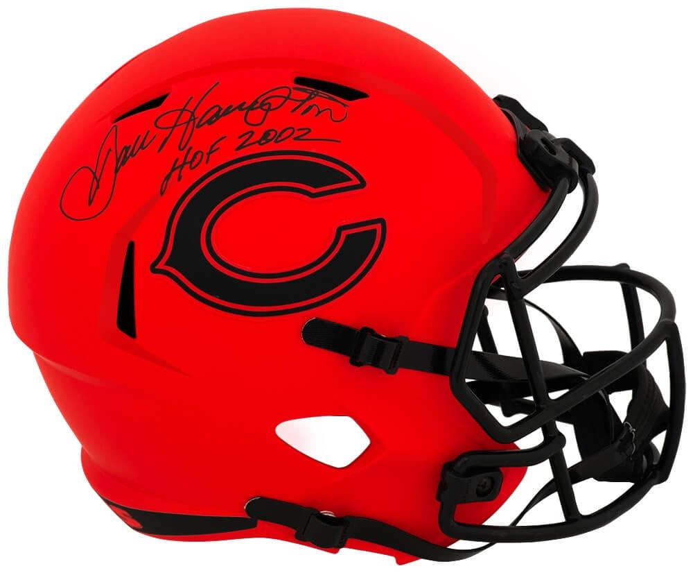 Dan Hampton Bears Riddell full size speed replica helmet HOF 2002 inscription: Dan Hampton Bears Riddell full size speed replica helmet HOF 2002 inscription This is a Chicago Bears Rave Riddell full size speed replica helmet, signed by Dan Hampton. The helmet features a 'HOF 200