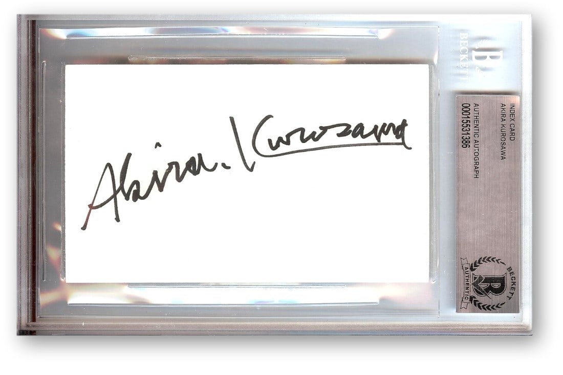 Akira Kurosawa Hand Signed Index Card Beckett Authenticated Autograph: Akira Kurosawa Hand Signed Index Card Beckett Authenticated Autograph This is an original index card signed by renowned Japanese filmmaker Akira Kurosawa. The autograph has been authenticated by Becke