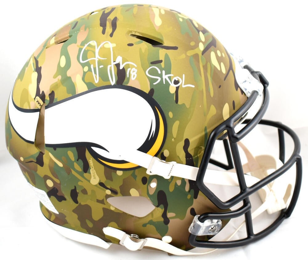 Authentic Speed Helmet Justin Jefferson Signed Vikings Camo SKOL-BAW: Authentic Speed Helmet Justin Jefferson Signed Vikings Camo SKOL-BAW This is an original, pre-owned Minnesota Vikings helmet signed by Justin Jefferson. The item is identified as an authentic Speed he