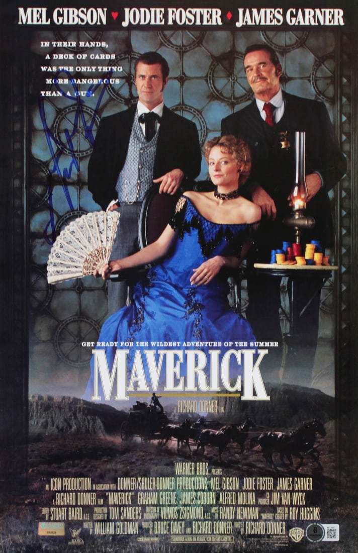 Mel Gibson Signed 11x17 Mini Movie Poster Maverick Beckett COA: Mel Gibson Signed 11x17 Mini Movie Poster Maverick Beckett COA This authentic 11x17 mini movie poster photo features the signature of Mel Gibson, renowned for his role in the film Maverick. The photog