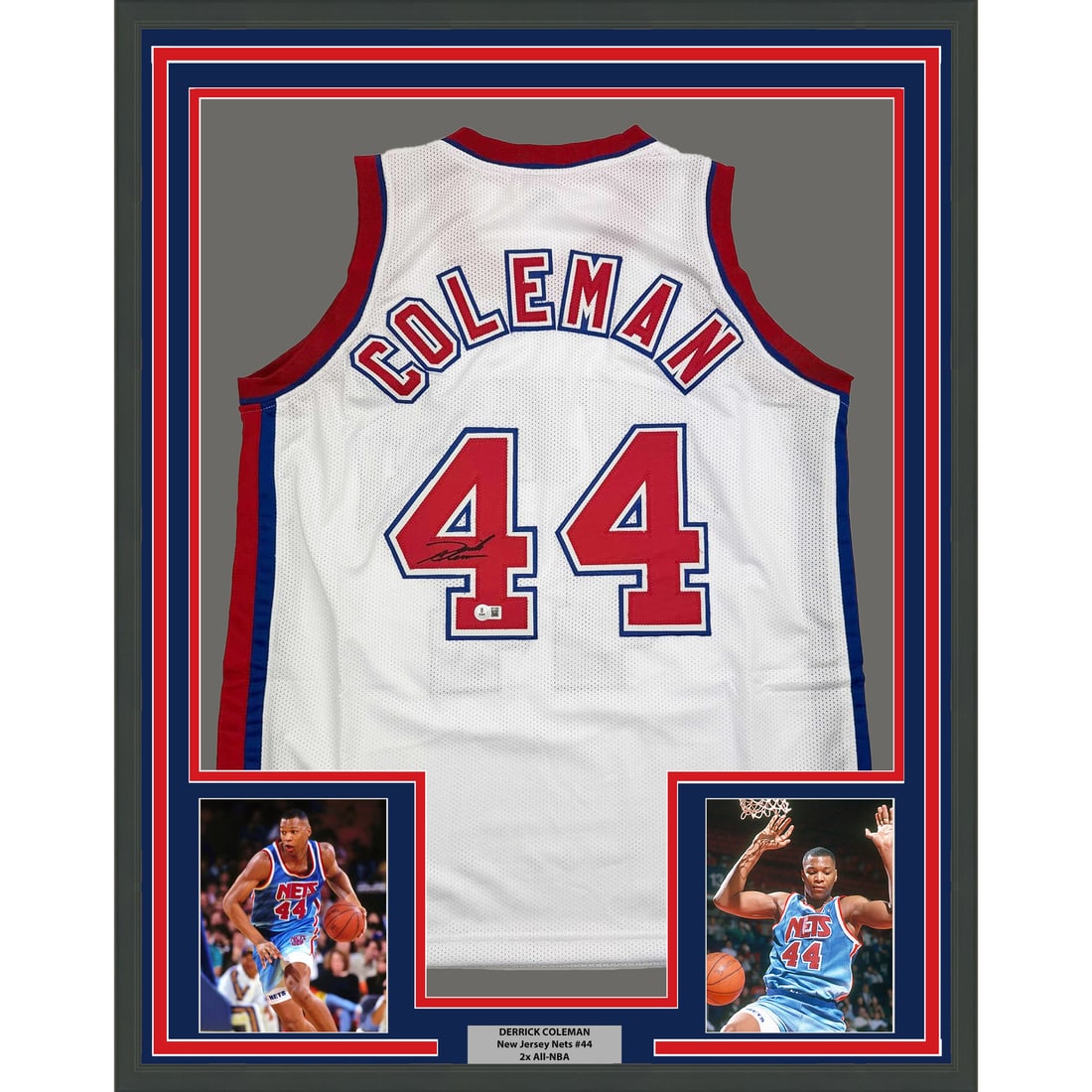 Framed Derrick Coleman Signed New Jersey Nets Jersey with BAS COA 35x39 (1 of 2)