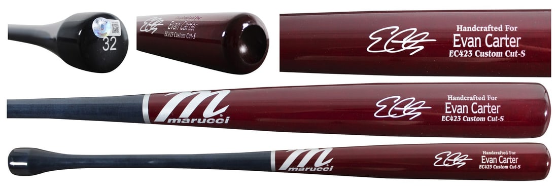 Beckett Witnessed Evan Carter Autographed Marucci EC423 Baseball Bat: Beckett Witnessed Evan Carter Autographed Marucci EC423 Baseball Bat Autographed Marucci EC423 Custom Cut-S player model baseball bat personally signed by Evan Carter of the Texas Rangers. This origin