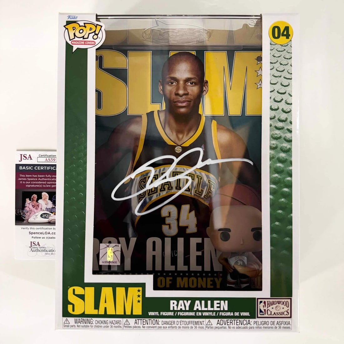 Ray Allen Signed Funko Pop #04 Seattle Supersonics JSA Authenticated: Ray Allen Signed Funko Pop #04 Seattle Supersonics JSA Authenticated This is an authentic autographed Ray Allen Funko Pop #04 figurine representing the legendary Seattle Supersonics player. The figuri