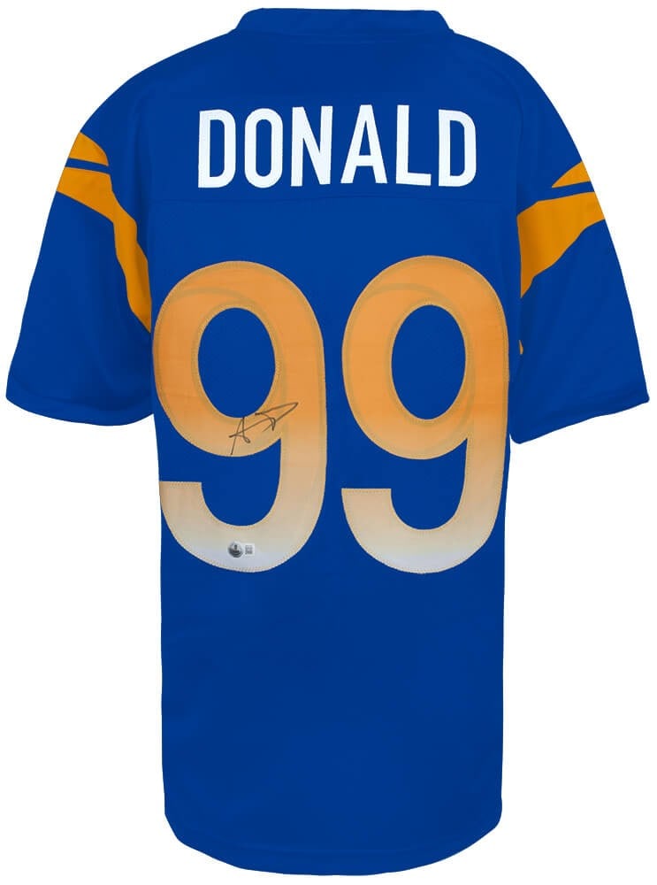 Aaron Donald Signed Los Angeles Rams Blue Jersey with Beckett COA: Aaron Donald Signed Los Angeles Rams Blue Jersey with Beckett COA This is an authentic Aaron Donald signed blue custom football jersey from the Los Angeles Rams. The jersey is a size XL and is in pre-