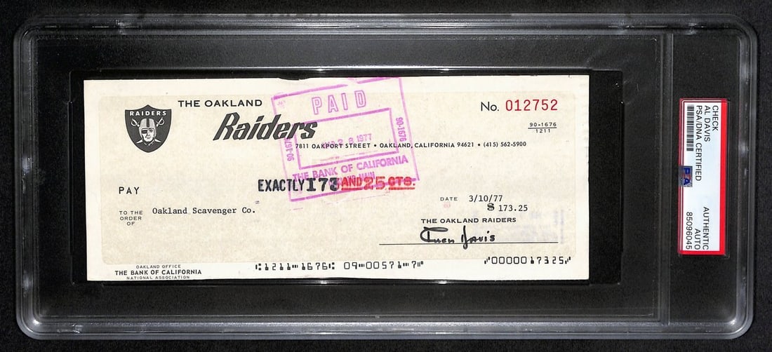 AL Davis Autographed 1977 Oakland Raiders Check PSA/DNA Authentic: AL Davis Autographed 1977 Oakland Raiders Check PSA/DNA Authentic This is an original autographed check from 1977, signed by legendary football figure Al Davis. The item features the official PSA/DNA 