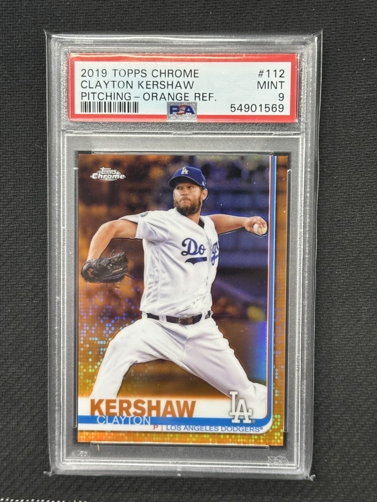 Clayton Kershaw 2019 Topps Chrome Orange Refractor PSA 9 #112 Dodgers: Clayton Kershaw 2019 Topps Chrome Orange Refractor PSA 9 #112 Dodgers This is a 2019 Topps Chrome Orange Refractor baseball card featuring Clayton Kershaw, a prominent player for the Los Angeles Dodge